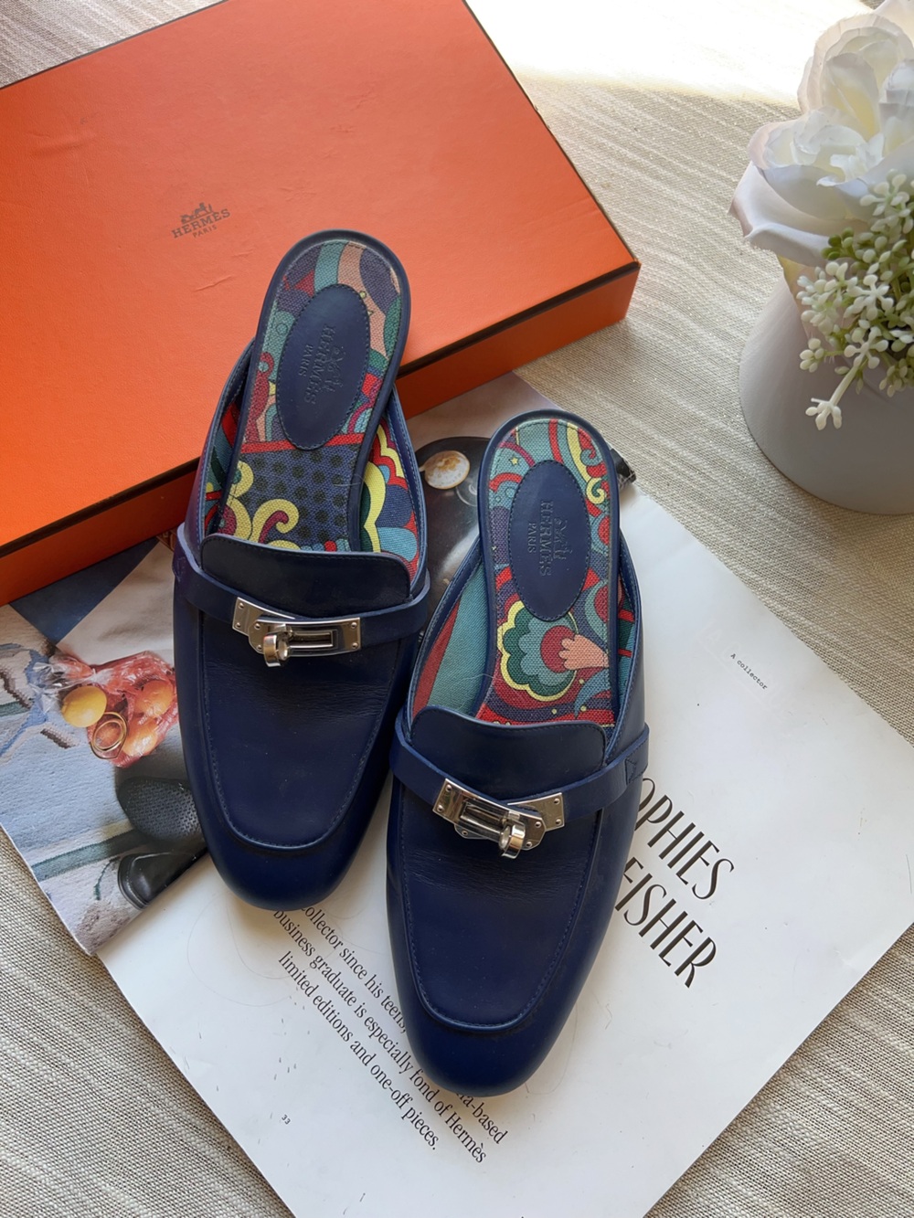 Hermes Navy Blue Leather Oz Mules Size 37